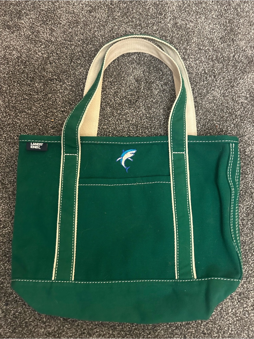Lands' End Green Canvas Tote with Cream Handles and Shark Accent